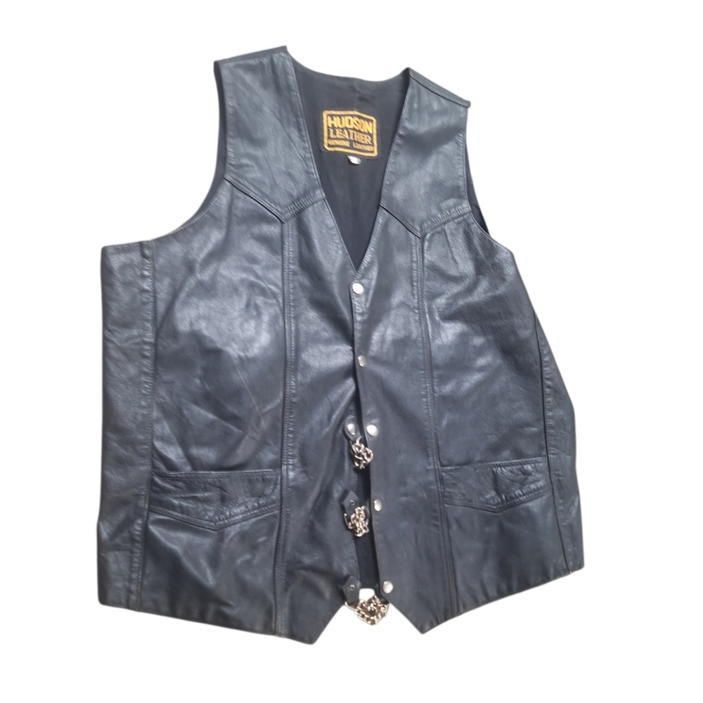 Vintage Hudson Leather Black Biker Vest Chains Moto Men's 3X Motorcycle Man